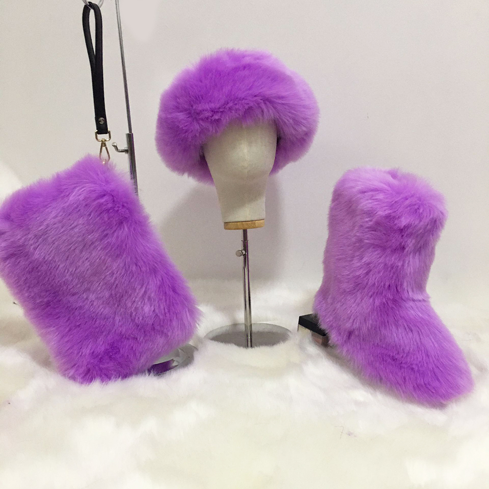 Women furry handbags sets fur purse and headbands winter sets warm shoes women faux fur snow boots bags