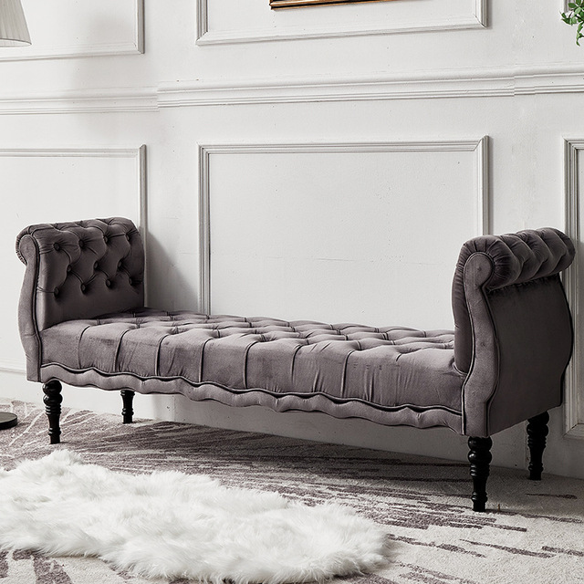 Modern Midcentury Luxury Gray Velvet Footstool Wooden Tufted Arm Ottoman For Bed Room