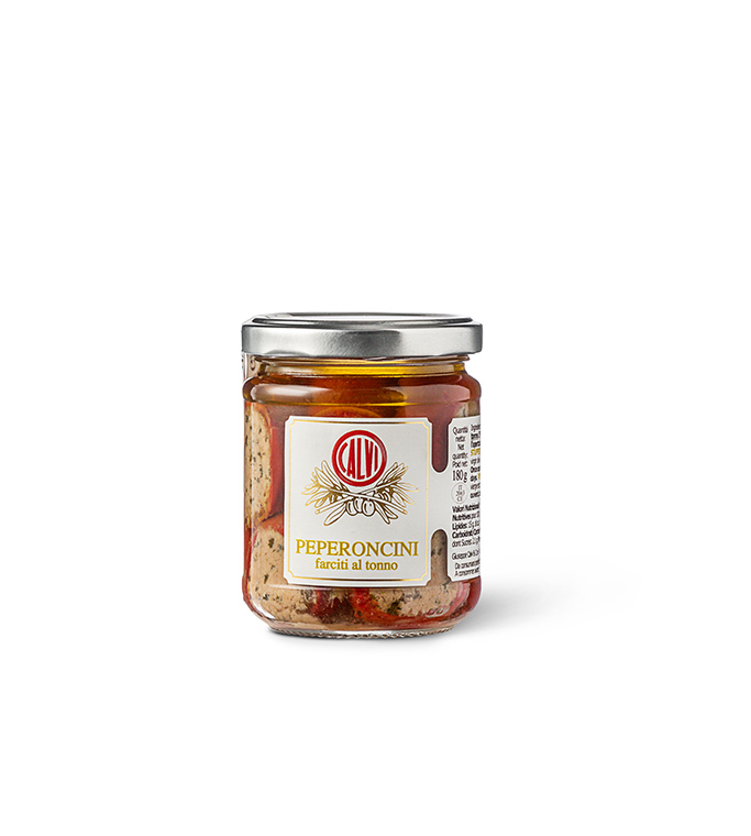 Острые овощные продукты масло Calvi, Круглый перец чили, заполненный тунцем, 180 г, консервированные овощи