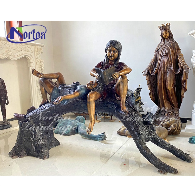 Outdoor Garden Decor Life Size Metal Crafts Boy And Girl Reading Statue Brass Bronze Sculptures Of Children For Sale
