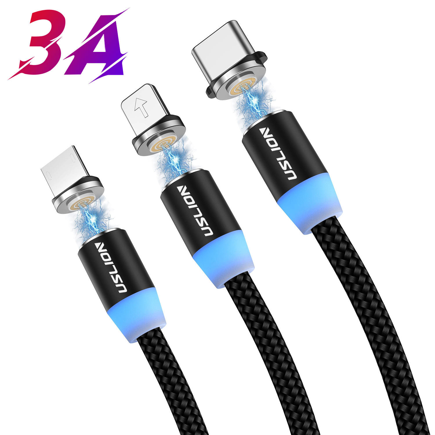 USLION 3 в 1 8-Pin Type C Micro 360 градусов светодиодный 3 в 1 нейлоновый Плетеный Магнитный USB-кабель для быстрой зарядки для Android Ios