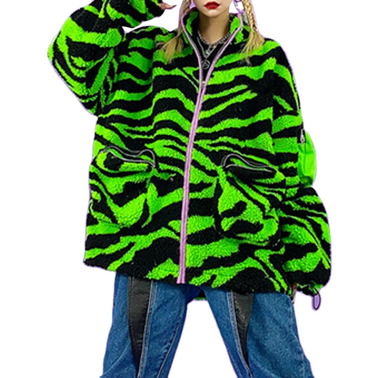 Top Fashion Hip Hop Winter Loose Lamb Hair Warm Zebra Print With PU Wrist Bag Street Couple Thick Coat Women Jackets and Coats