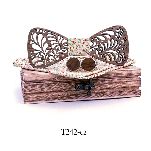 Wooden bow tie cufflinks and vintage flower lapel pins gift box packaging set for men