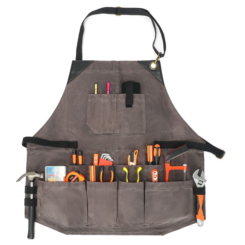 Custom Heavy-Duty Work Apron Multi Pockets Functional Tools Bag Adjustable Canvas Accessories Organizer High Quality PU Leather