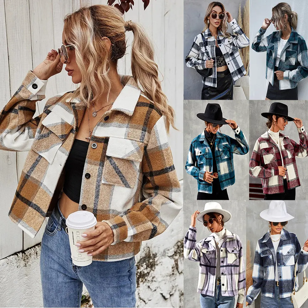 Women's Brushed Plaid Shirts Long Sleeve Flannel Lapel Button Down Pocketed Flannel Shacket Jacket