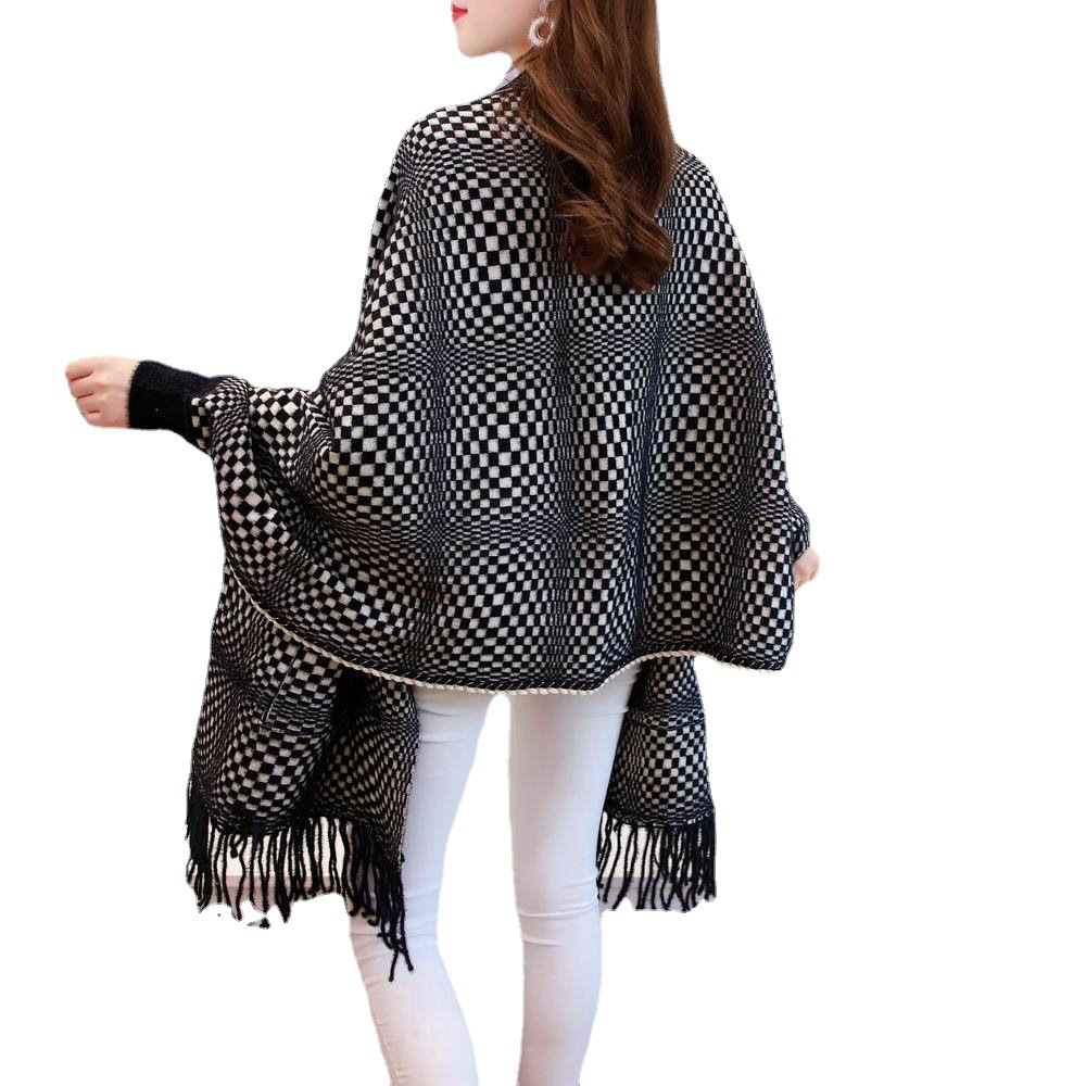Winter Long Sleeve Wrap Vintage Scarf Pocket Female Oversize Tassel Knitted Shawls For Women Pashmina