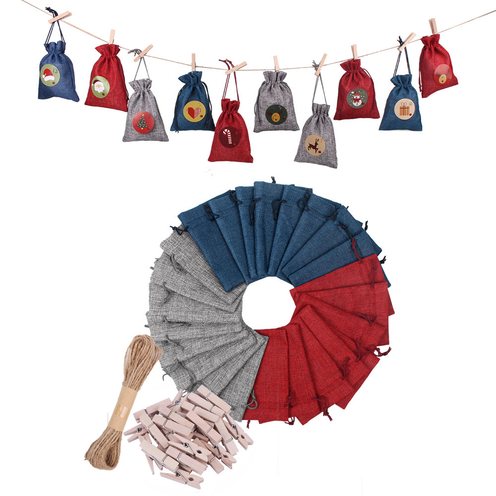 3 Color Mixed 10x14cm Christmas Ornament Gift Pouch Jute Small Drawstring Packaging Bag with Stickers