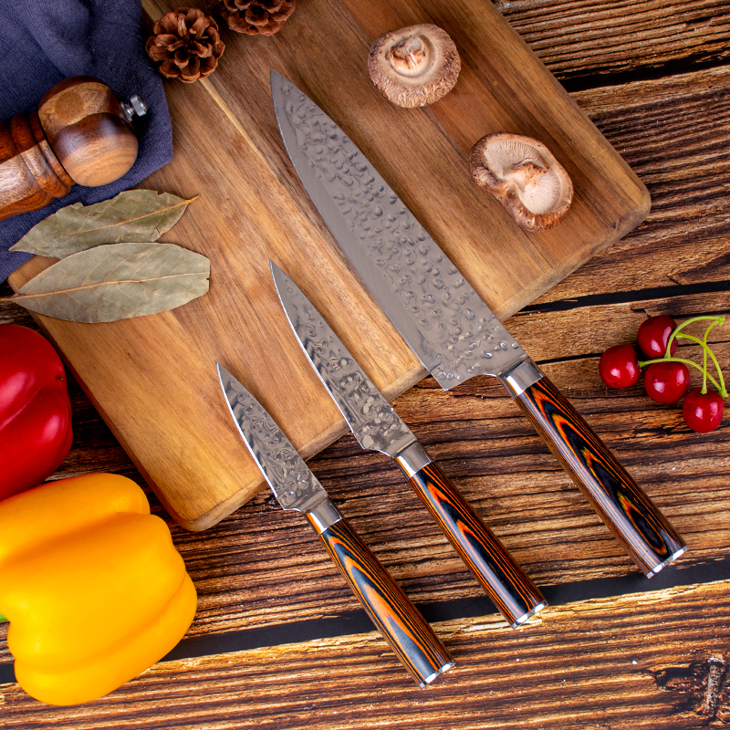 customized 3 PCS Kitchen Cutting Foods Chef knife Pakka wood Handle Stainless Steel Kitchen Knife Set