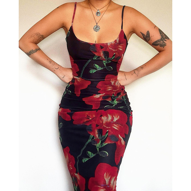 Strap Hanging strap printed elastic slim fit strapless A-line Women Sexy Ladies Summer Sexy Backless Dresses