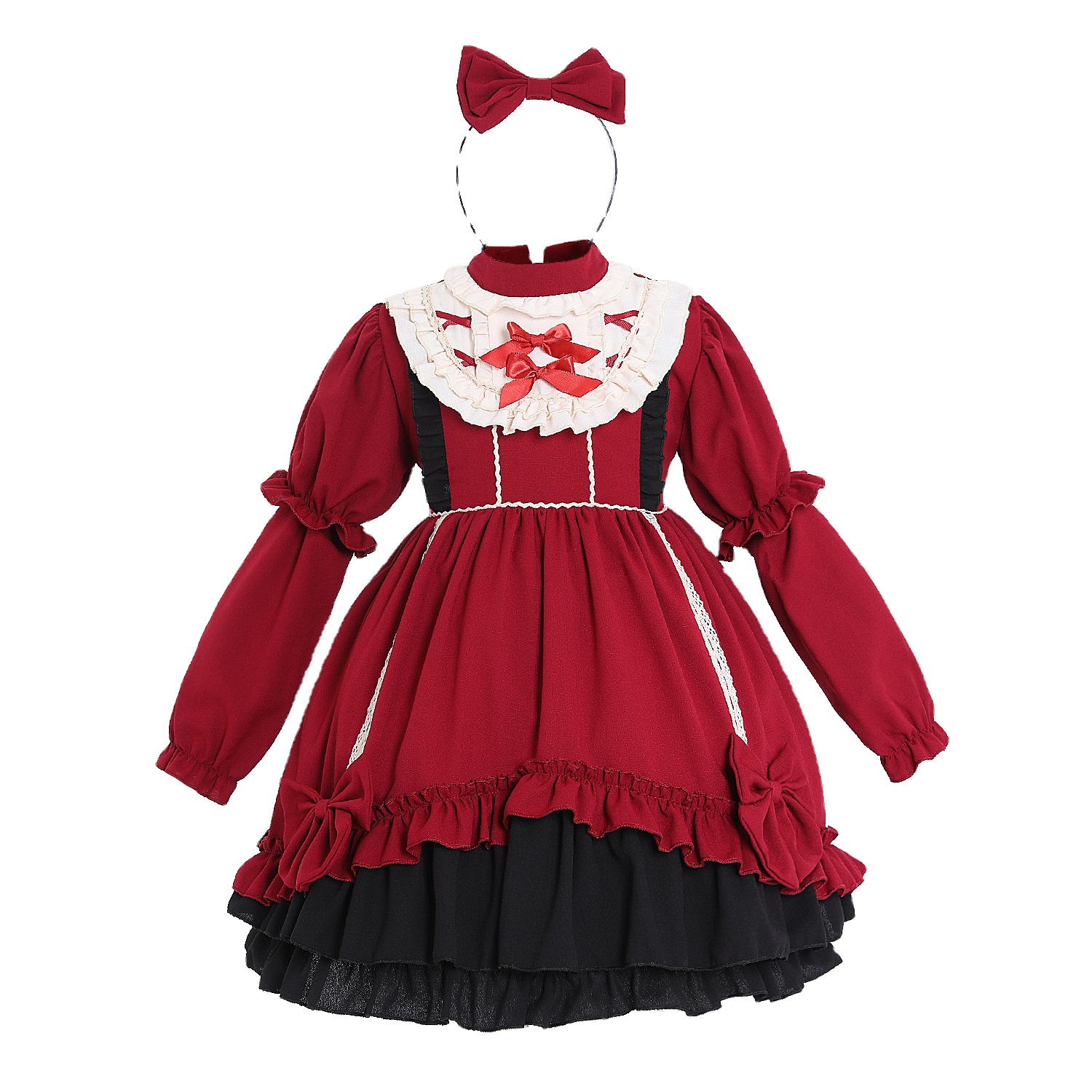2021 new arrival lantern sleeve fold belt and knee bow and lace daily photo lolita dress for girls
