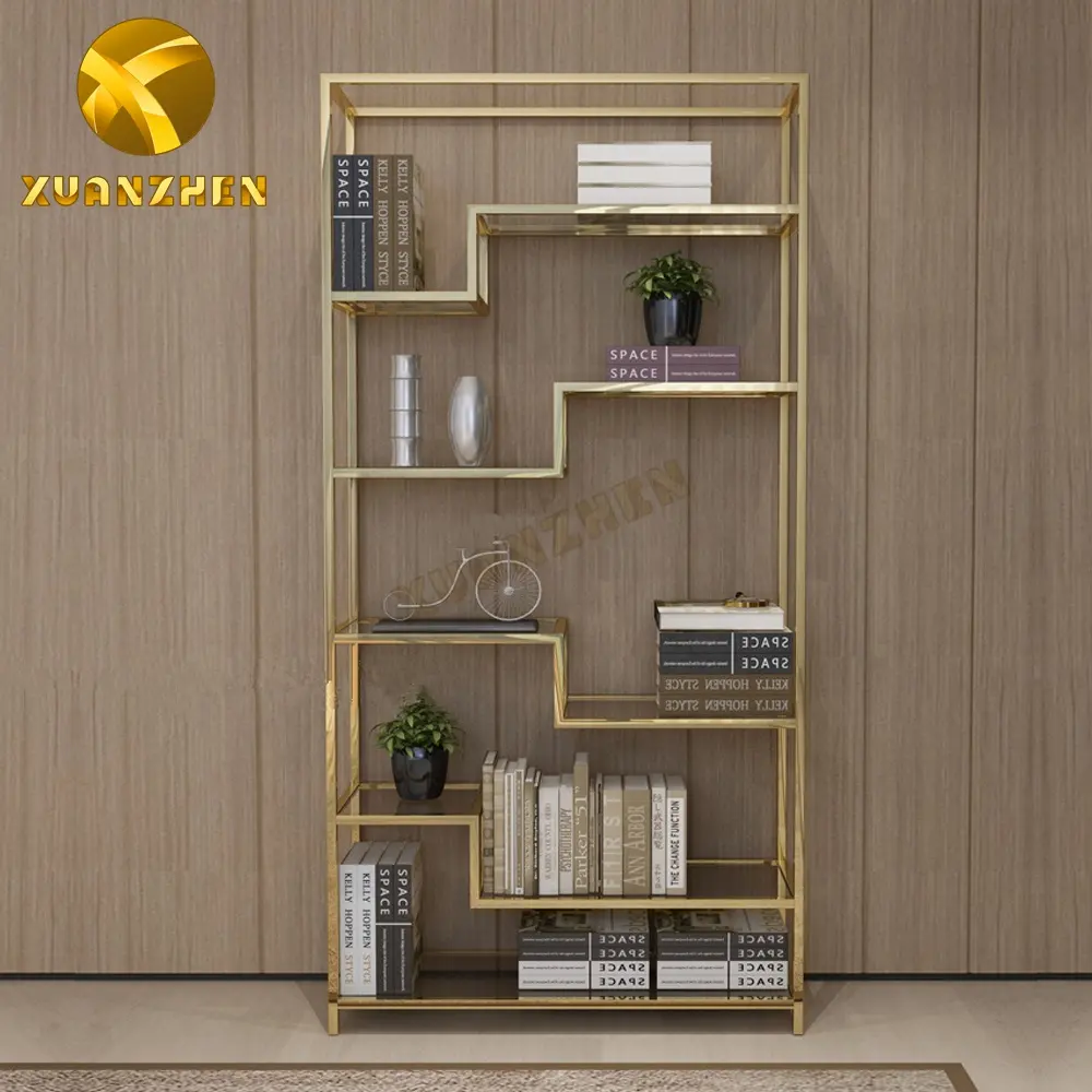 Home furniture high quality stainless steel bookcase modern glass decor cabinet bookcases bookshelf for sale