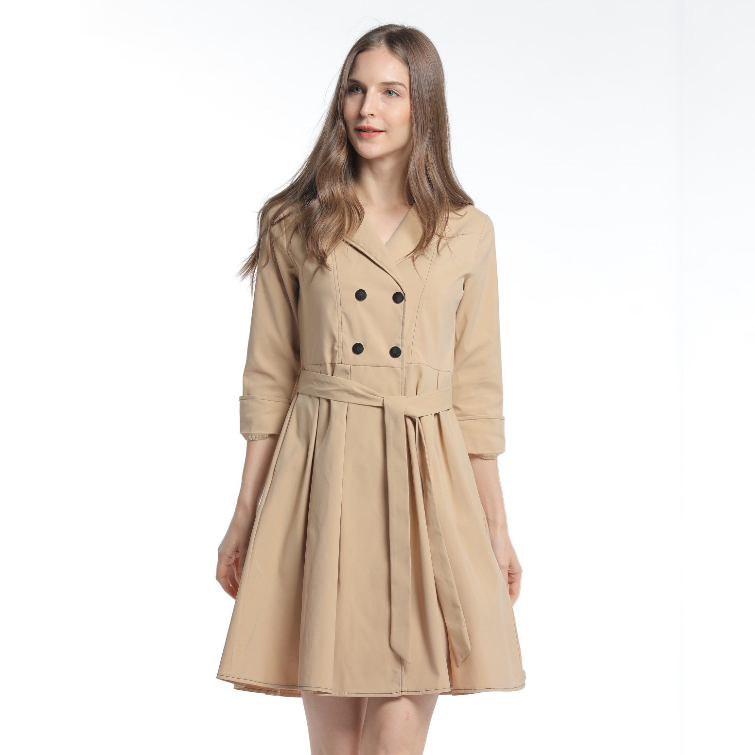 Fabric Women Clothes Career Pencil Dress with Waist Belt Slim Fitting turn down collar Neck long sleeve Office lady clothes