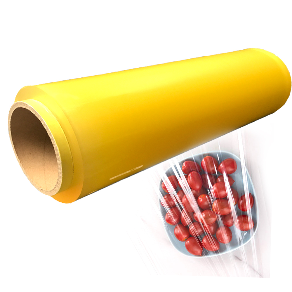 Keep fruit fresh high stretch 10-15mic jumbo roll print logo PVC soft food wrapping plastic film