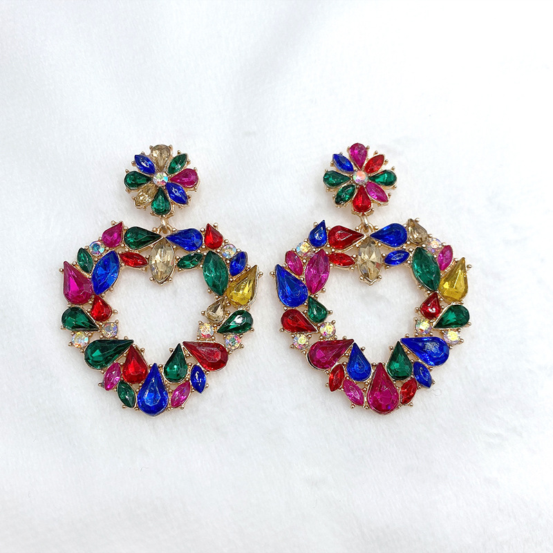 2021 Earrings For Women Fashion Metal Multicolor Rhinestone Crystal Flower Heart Shape Dangle Earrings E0719