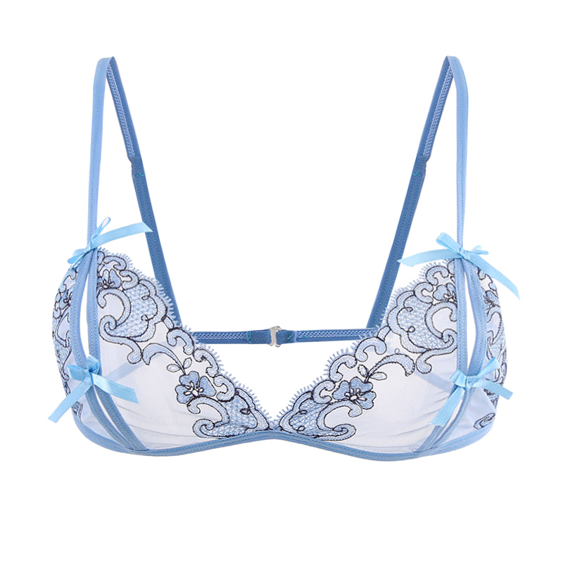 Sexy lace transparent floral ladies fancy exquisite embroidery Mature Women Sexy Blue Fancy Bra