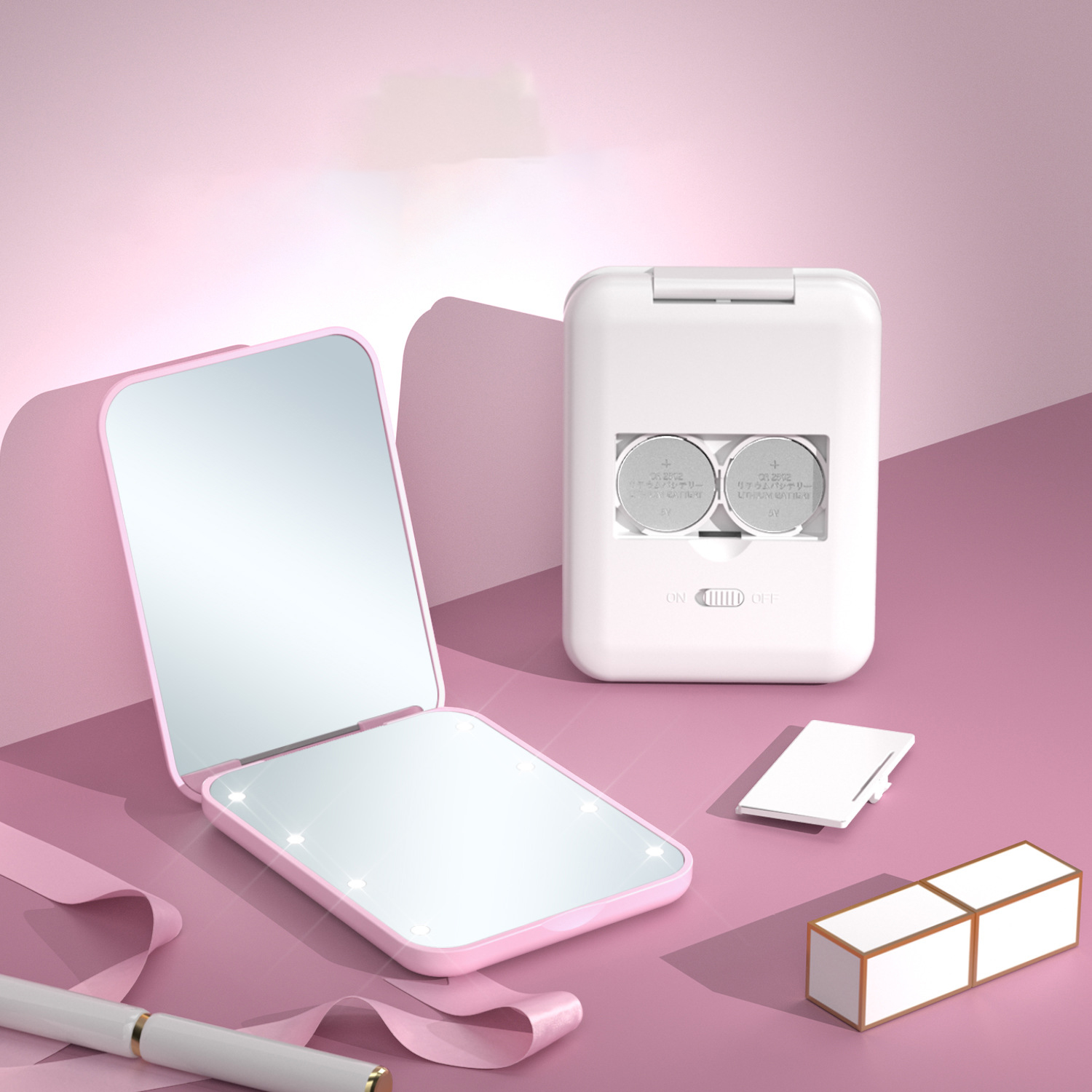 LED makeup mirror portable handheld two-fold mirror toggle switch 8 LED lamp beads 2 times magnification makeup folding mirror