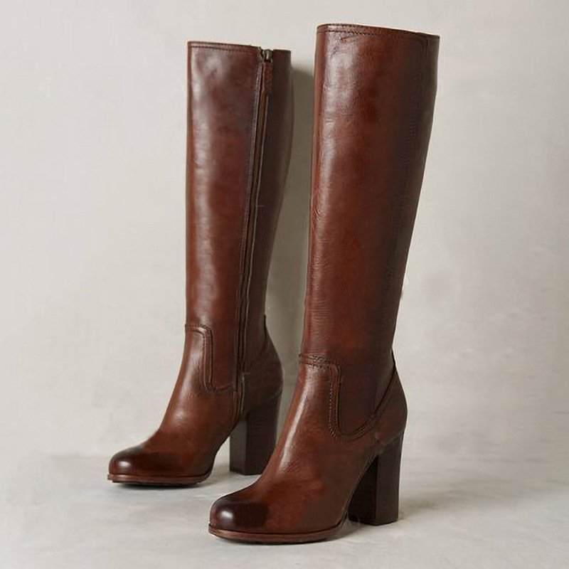 Fashion high quality retro plus size 43 women's chunky heel long boots leather zip up knee high boots for ladies