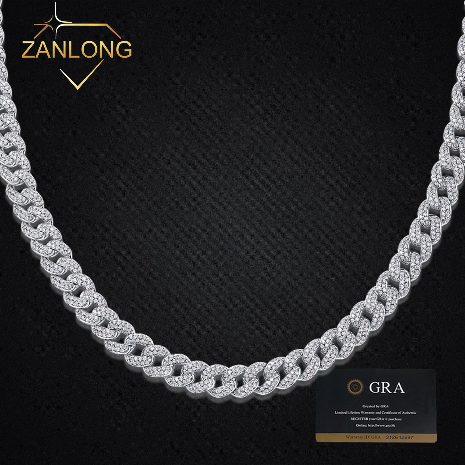 Zanlong 13218 10mm Hip Hop Jewelry 925 Silver D Color VVS Clarity Design Cuban Link Chain Iced Out Moissanite Diamond Necklace
