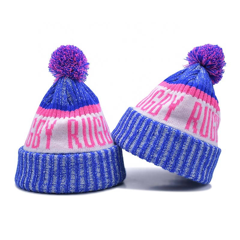 Custom High Quality Acrylic Knitted Jacquard Beanie Pompom Hat Warm Winter Cap