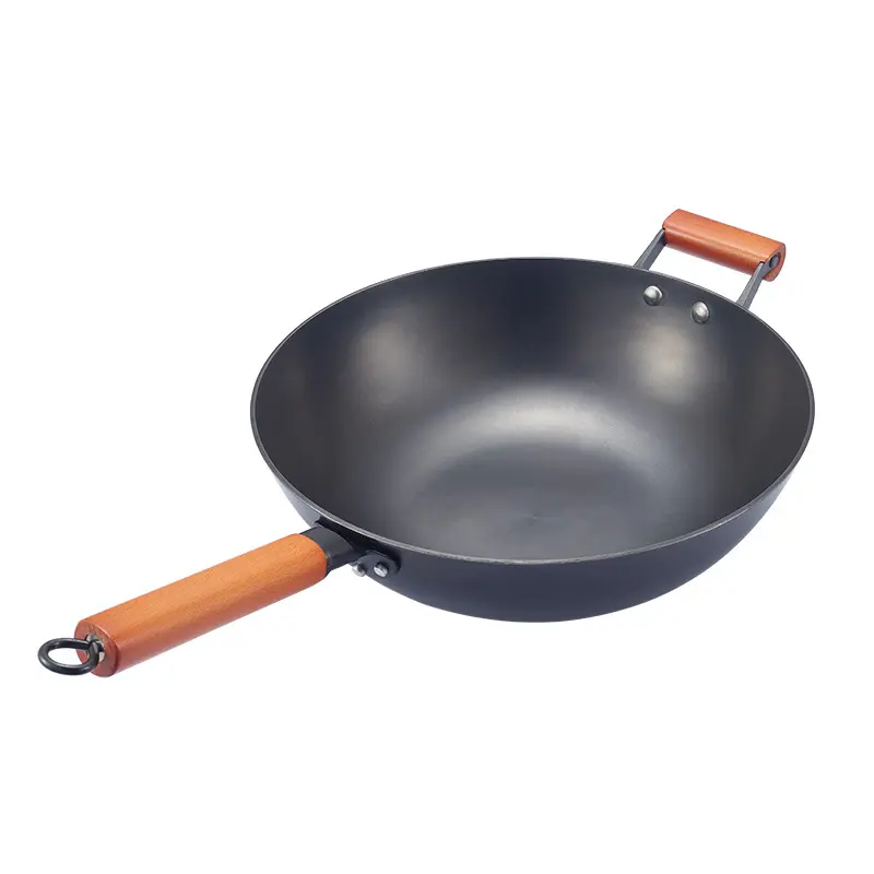 Amazon Hot Sell Thick 12 Inch New Chines Die Nonstick Cast Iron Wok Pans Wooden Handle