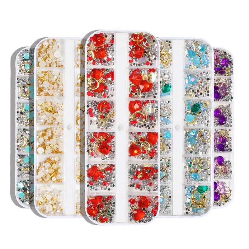6 Boxes 3D Mix-shape Nail Art Diamonds Rhinestones Nail pearl Crystals Beads Big Gem Nail Jewels Studs Metal Rivets for Design