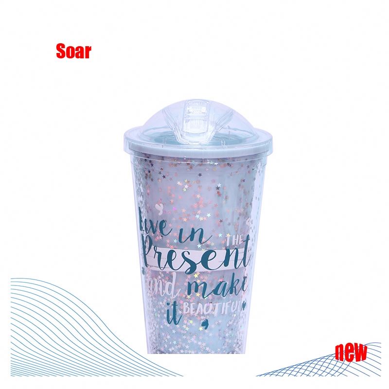 SOAR 16Oz Hot Selling Double Wall Color Glitter Plastic Drinking Water Cup With Lids And Straws