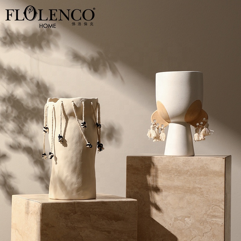 Flolenco Art Boho Decor Rustic Ceramic Vases Minimalist Home Decor Table Living Room Cabinet Decoration Ceramic Flower Vases