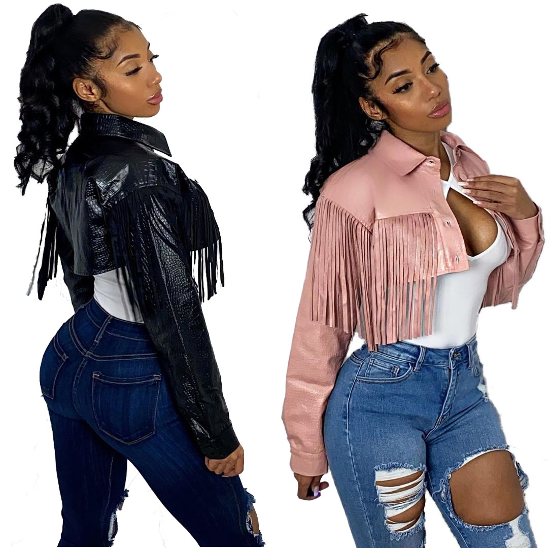 Fall hot style high quality crocodile lines stand collar tassels crop jacket faux leather jacket women