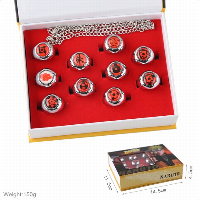 Na-ruto Manga Anime Ring Keychain Necklace Set (10pcs/set) Cluster Rings Antique Bronze Plated Bar Setting Party Cute Zinc Alloy