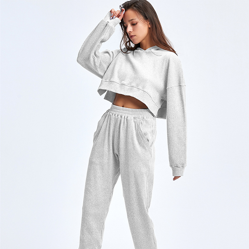 New Design Workout Women Long Sleeve Cropped Hoodie Jogging Tracksuit Loose Sportswear Set Gym Clothing Sport Pants