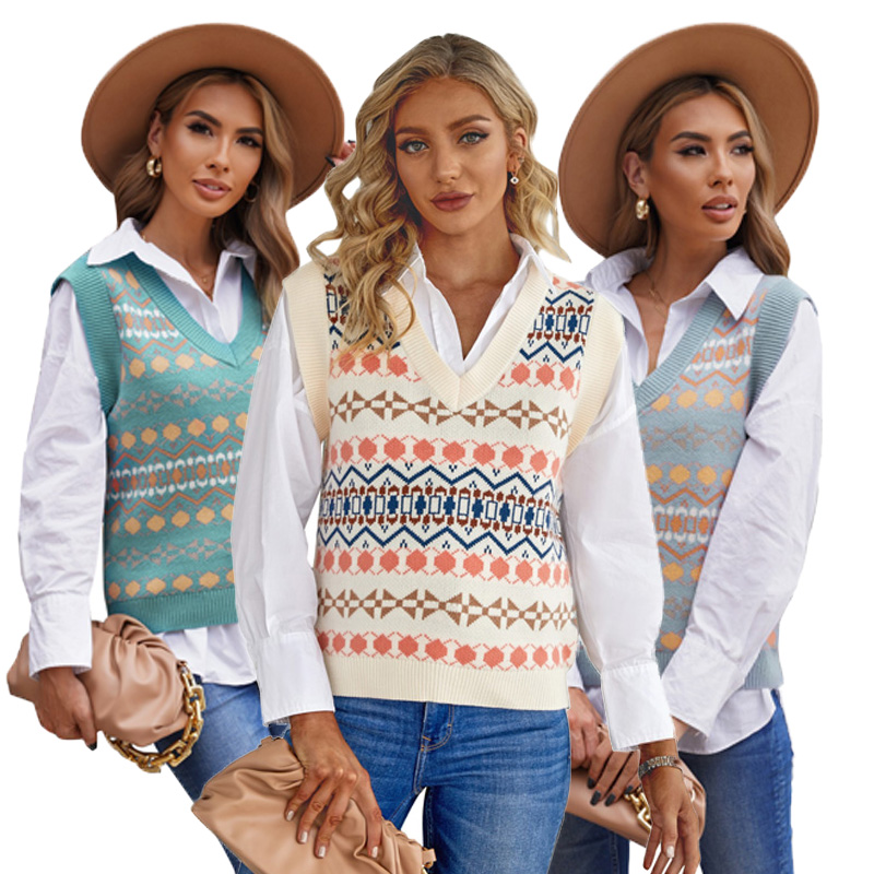 2021 High Quality Women's Sweaters Pullover Tribal Print V Neck Knitted Vest Sweater