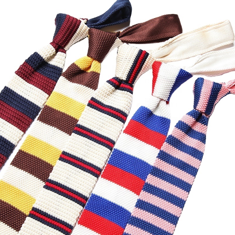 Stock multi color available popular design wholesale casual stripe polyester skinny knitted neck tie for man