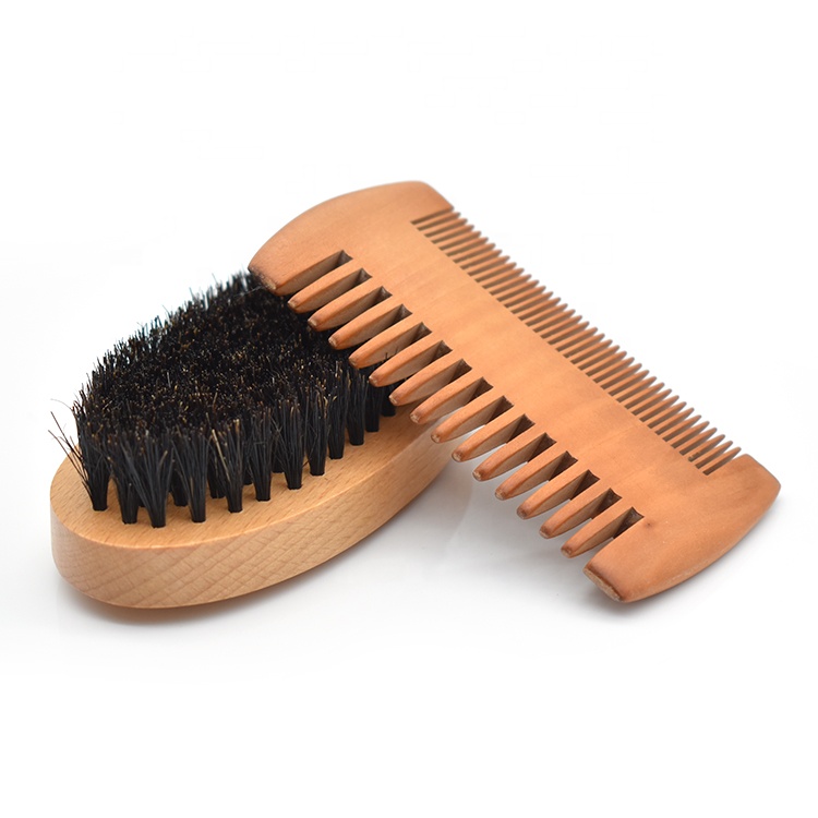 Private label natural boar bristle beard wooden comb brush set men growth kit for travel