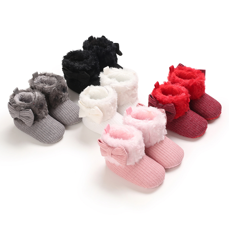 FOCUSNORM Autumn Winter Baby Girls Boys Boots Solid Bowknot Hood Mid Calf Height Flat With Heel Baby Shoes 5 Colors