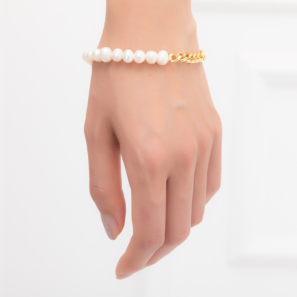 Minimalist jewelry accessories bijoux boutique cuban link 18k gold real pearl bracelets for women jewelry