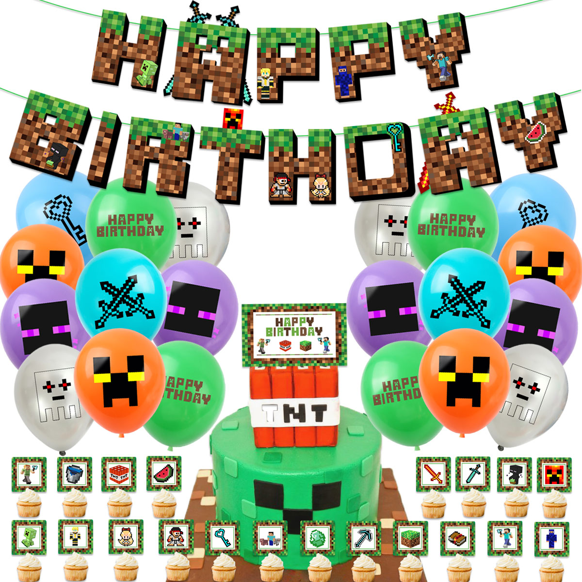My world theme birthday party decorations pixel game Banner Latex Balloon Cake Topper for Minecraft My world