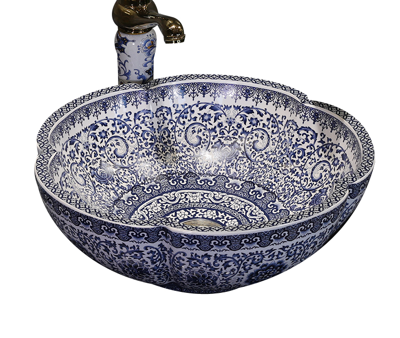 Роскошная сине-белая настольная Современная раковина для ванной Jingdezhen
