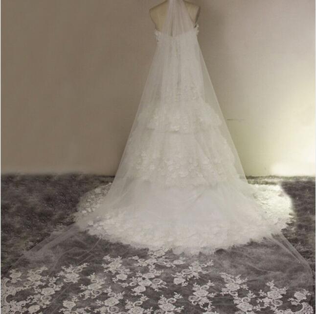 Wholesale long lace luxury appliqued wedding bridal hair veil