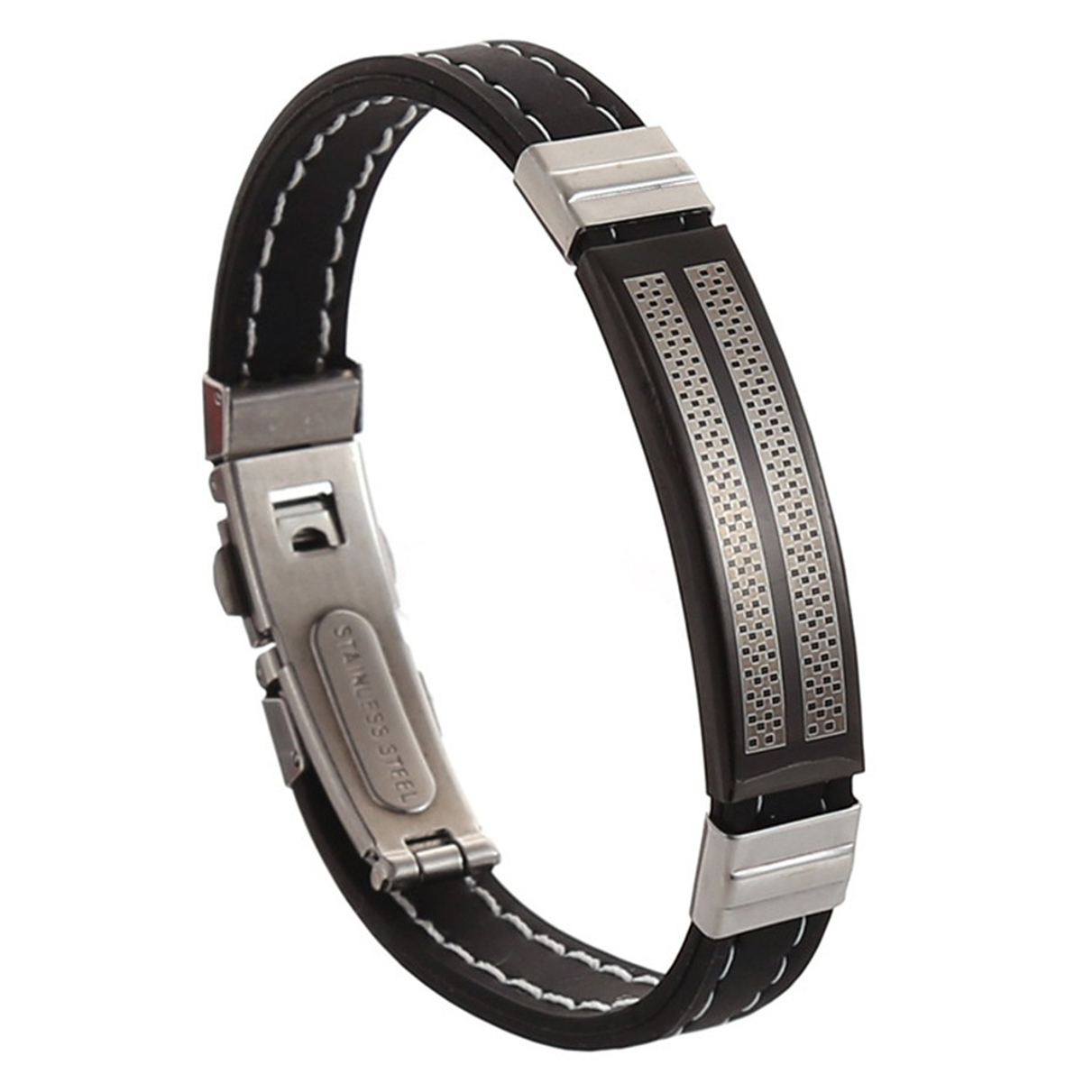 Men fashion Black Rope Stainless Steel Handmade Leather Cuff Rubber Cuff Wristband Bangle Bracelet