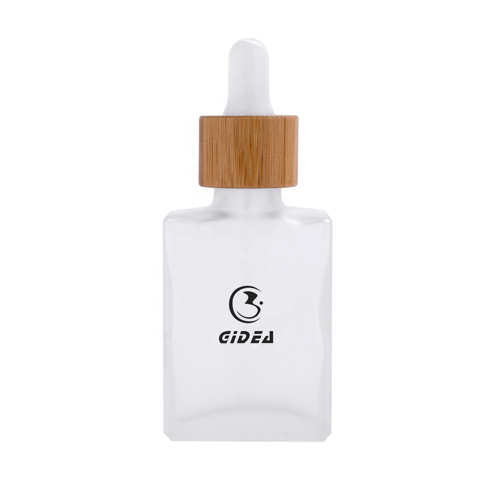 30ml Square Glass Cosmetic Bottle With Dropper and Bamboo Cap Wholesale Bamboo Dropper Bottle Biodegradable Cosmetic Bottle