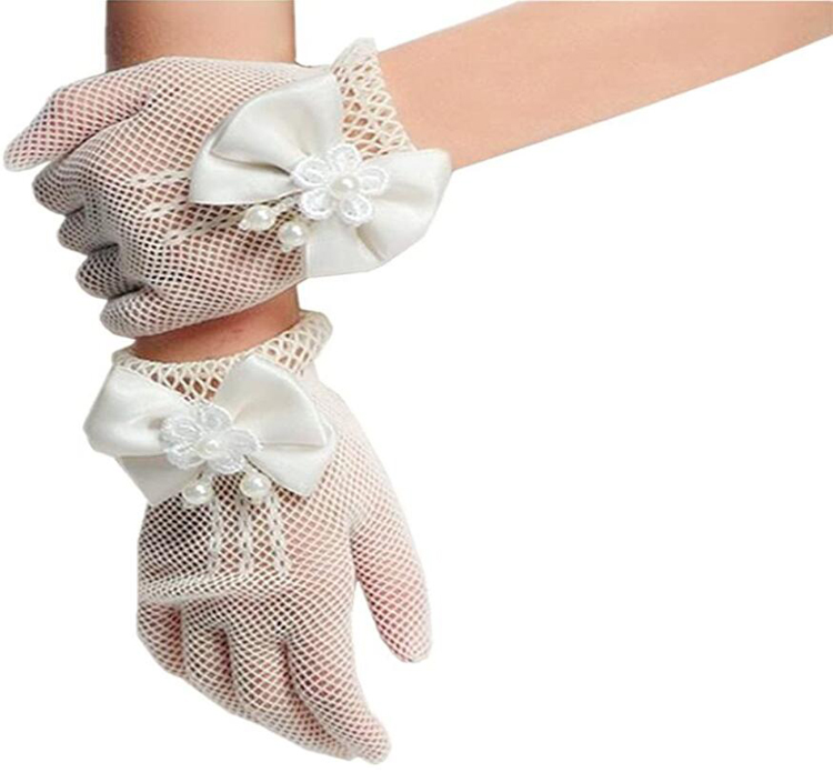 Wedding Flower Girls Mittens Pearl Bow Tie Fish Net Wedding Mittens