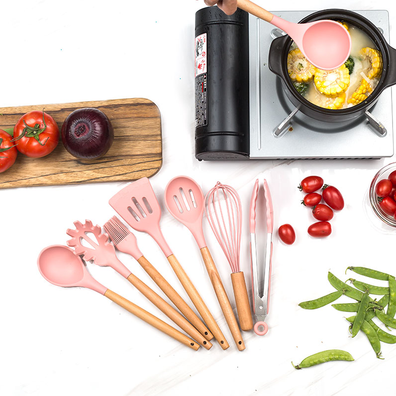 Dishwasher Safe Silicone Kitchen Tools include Turner Spatula Spoons Soup Ladle Tong Non Stick Cookware