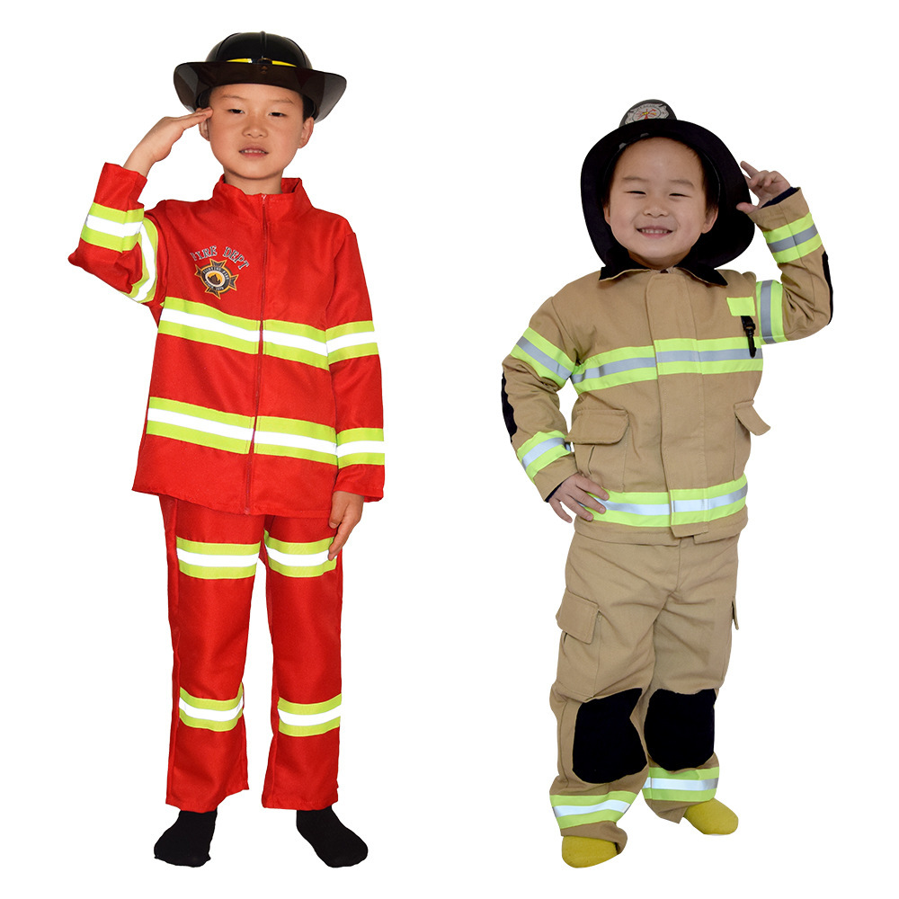 Children's Firefighter Role-Playing Clothing Without a Hat Cosplay Fire Drill Clothing Kids Fire Performance Costumes