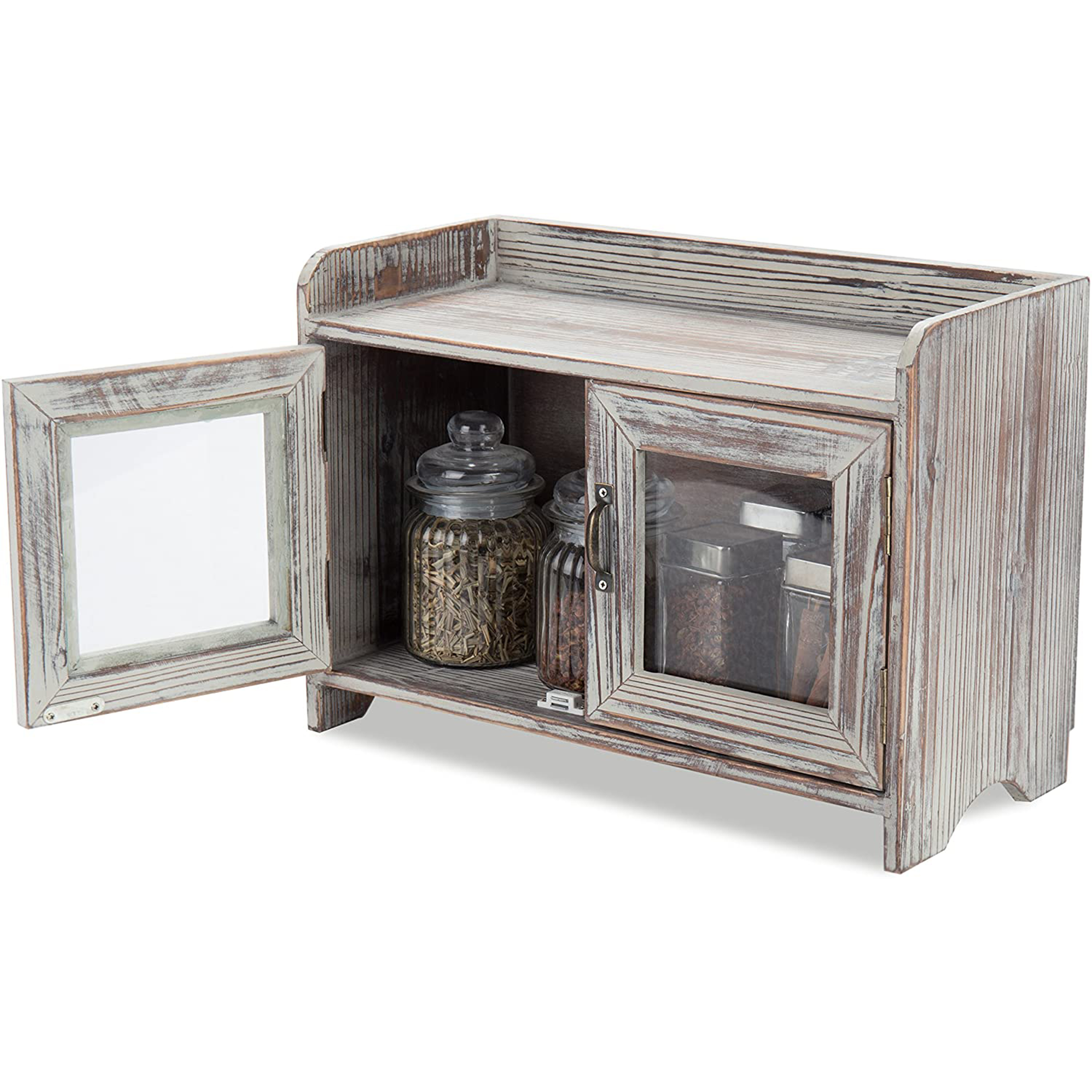 Kitchen & Bathroom Mini Rustic Wood Small Countertop Cabinet With Glass Windows