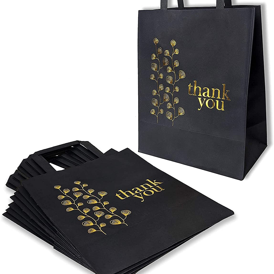 Thank You Bags Bulk with Flat Handles Pack of 50 Black Kraft Paper Bags with Gold Stamp