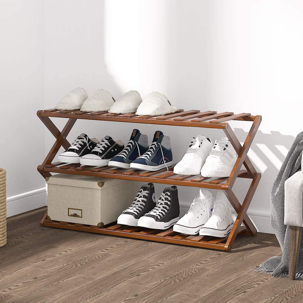 Bamboo Shoe Rack Foldable Free Standing Shoe Shelf Storage Organizer Multifunction and Free Installation