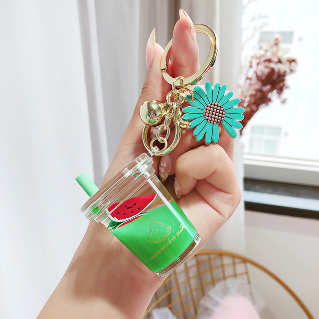 Floating Cute Watermelon Peach Keychain Acrylic Bottle Moving Liquid Quicksand Fruit Key Chain Key Ring Women Bag Pendant