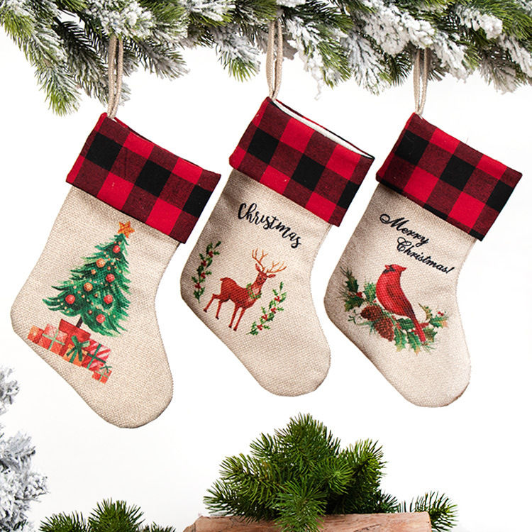 High Quality Linen Christmas Stocking santa claus Xmas Candy Gift Bag Decoration Bags for Home Festival Supply