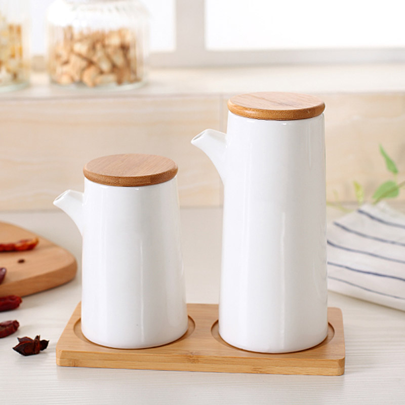 Porcelain Soy Sauce White Kitchen Ceramic Container Seasoning Bottle Spice Jar Set of Two
