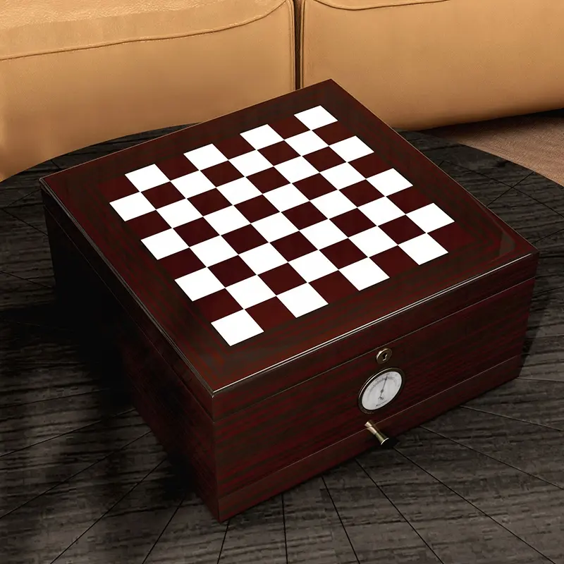 High Glossy Lacquered Empty Gift Storage Cedar Wood Chess Game Board Cigar Humidor Cabinet Custom With Drawer